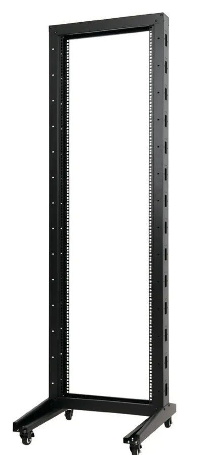 GR 2-post open-frame rack, black RAL 9005, on casters, front three-quarter view
