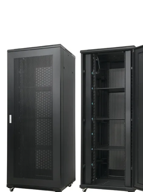 JB800 800 mm-wide server rack, black RAL 9005, mesh front door, with a second cabinet showing internal shelves