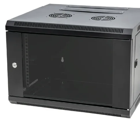 QB wall-mount rack, black RAL 9005, tinted tempered-glass front door