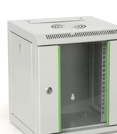 QJ 10-inch wall-mount rack, grey with green trim, tempered-glass front door