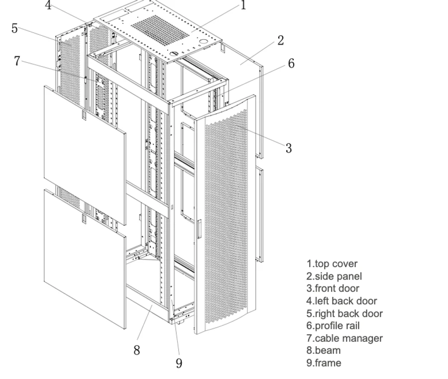 JA exploded construction and dimension drawing — parts and W/D/H