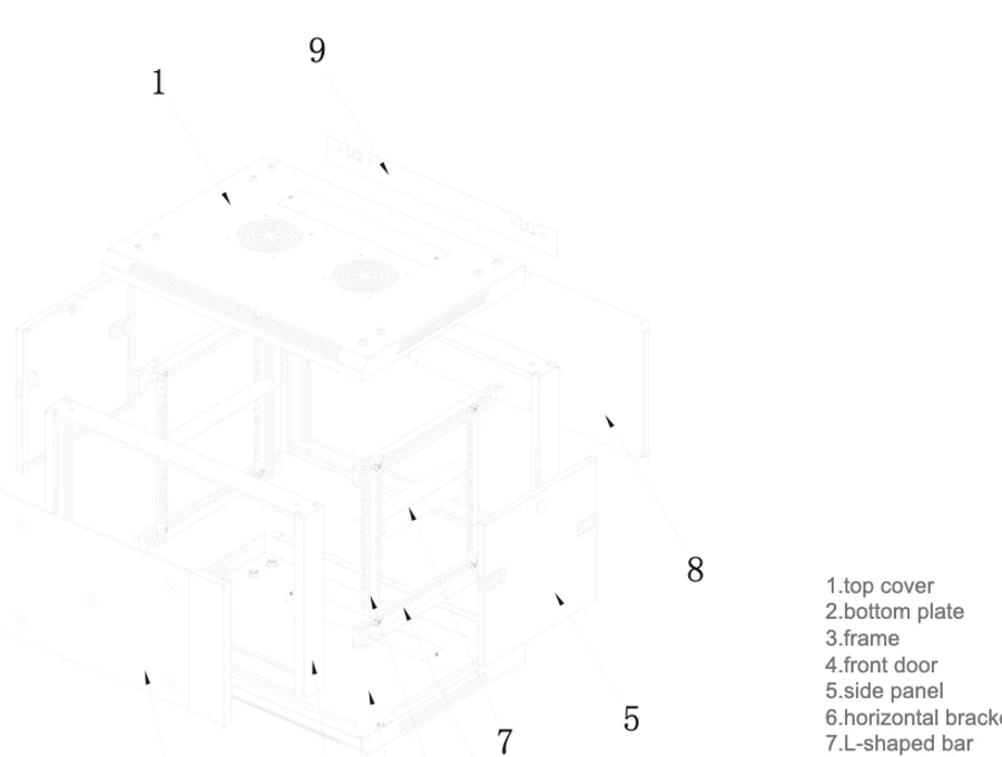 QA exploded construction and dimension drawing — parts and W/D/H